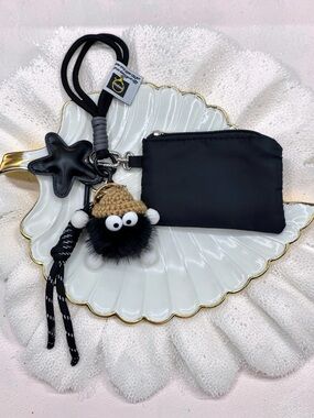 Black Mini Zip Coin Pouch Keychain w/ Lil Monsta Plush Charm & Wrist Lanyard